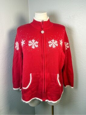 Quacker Factory Red Snowflake Zip Up Holiday Winter Cardigan Plus Size 2X
